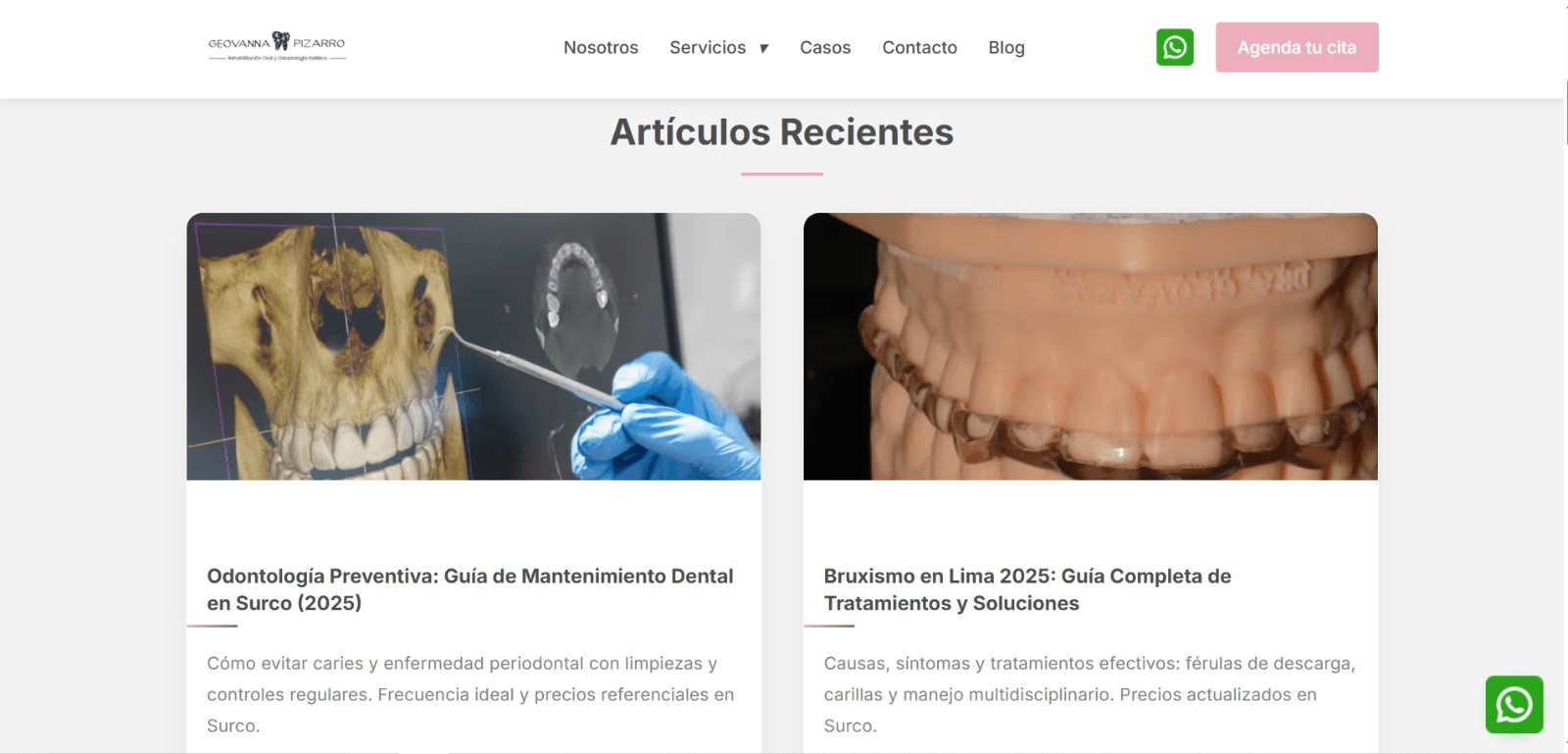 Artículos de blog optimizados para SEO en el sitio de Dental Geovanna Pizarro, hechos por IDE Agency