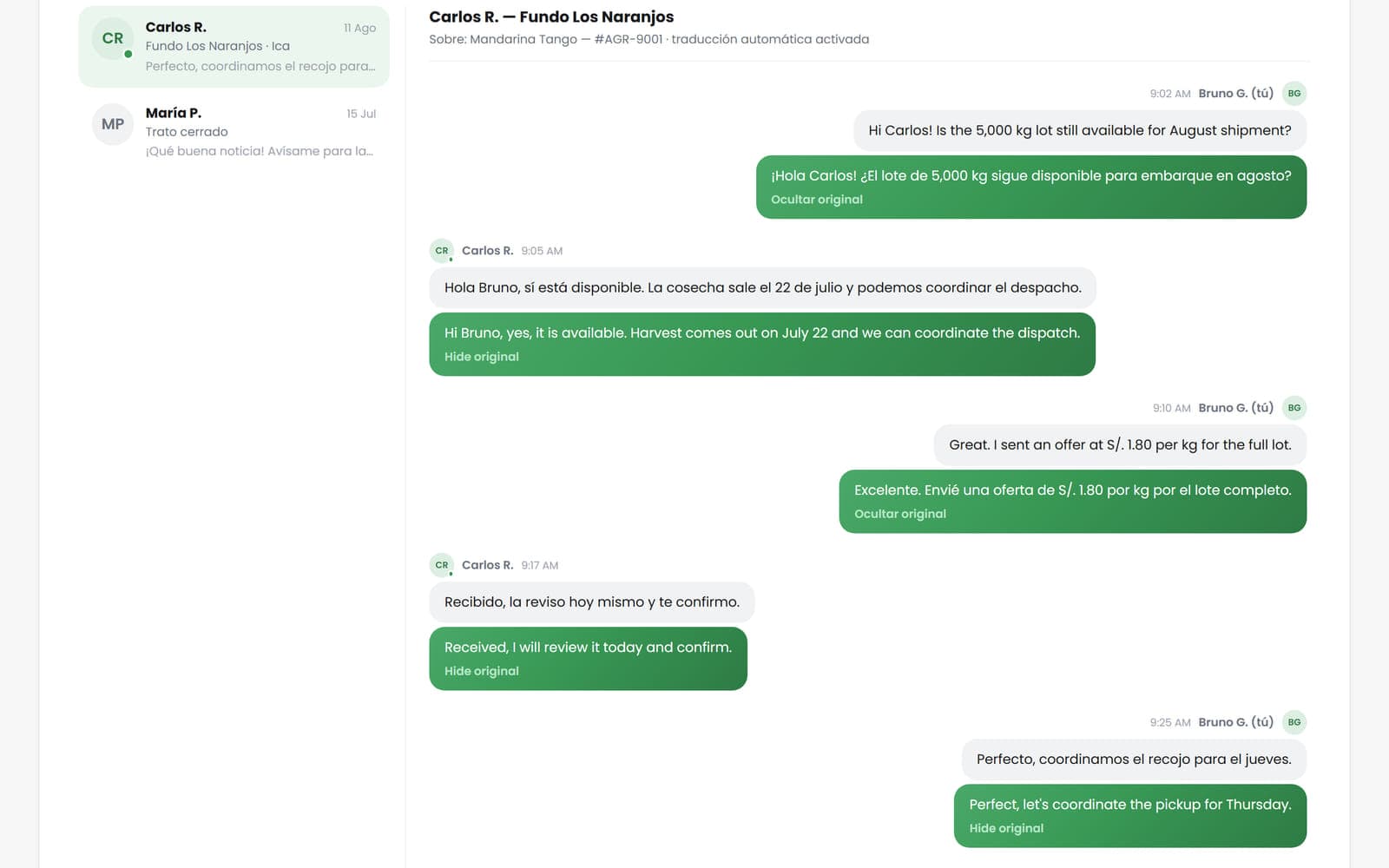 Chat con traducción de Agrovio, sistema a medida desarrollado por IDE Agency