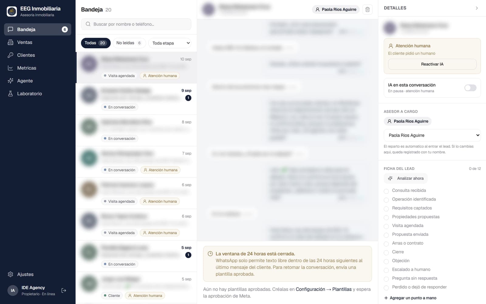 CRM de WhatsApp con agente de IA, sistema a medida desarrollado por IDE Agency