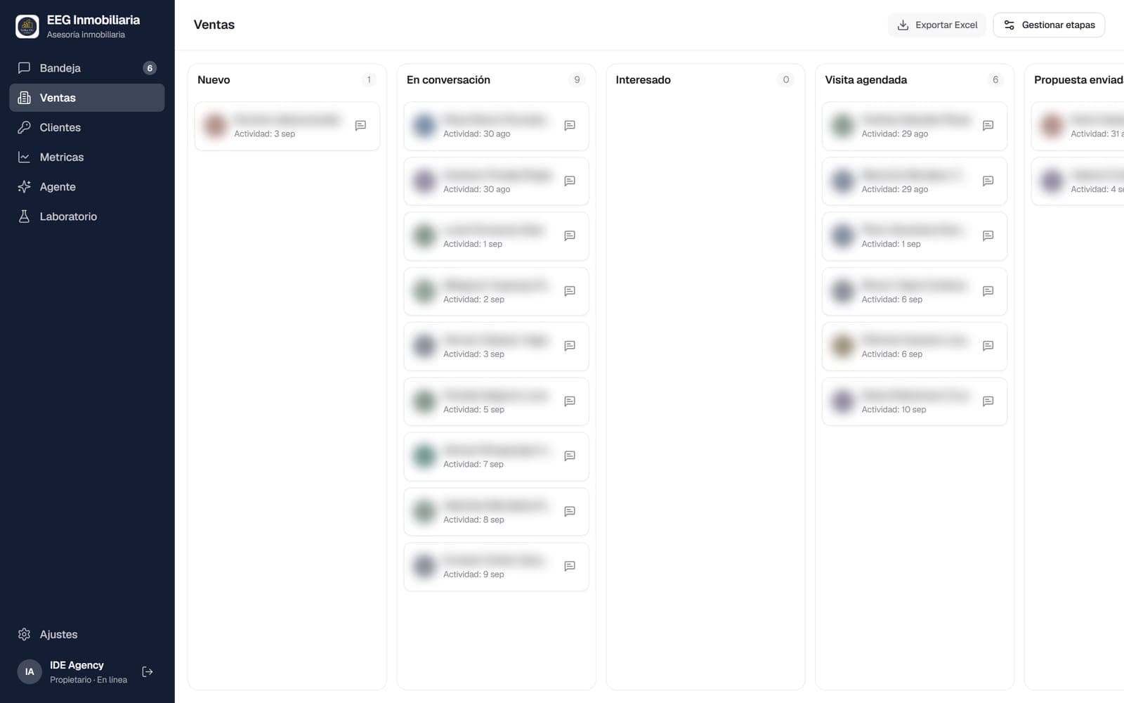 Pipeline de ventas del CRM de WhatsApp con agente de IA, sistema a medida desarrollado por IDE Agency