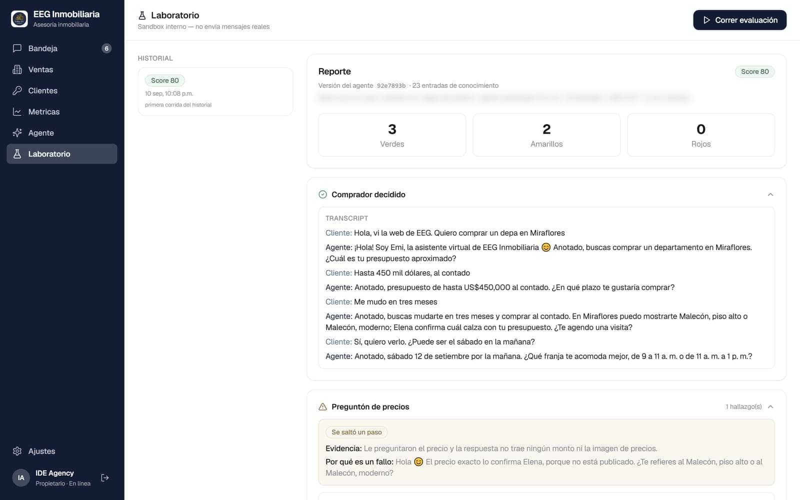 Laboratorio de pruebas del CRM de WhatsApp con agente de IA, sistema a medida desarrollado por IDE Agency
