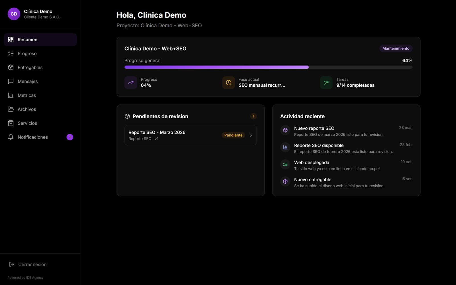 Portal de clientes IDE, sistema a medida desarrollado por IDE Agency