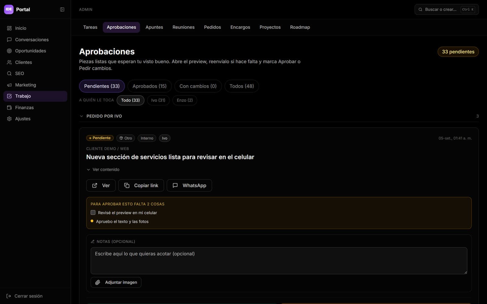 Cola de aprobaciones del Portal de clientes IDE, sistema a medida desarrollado por IDE Agency
