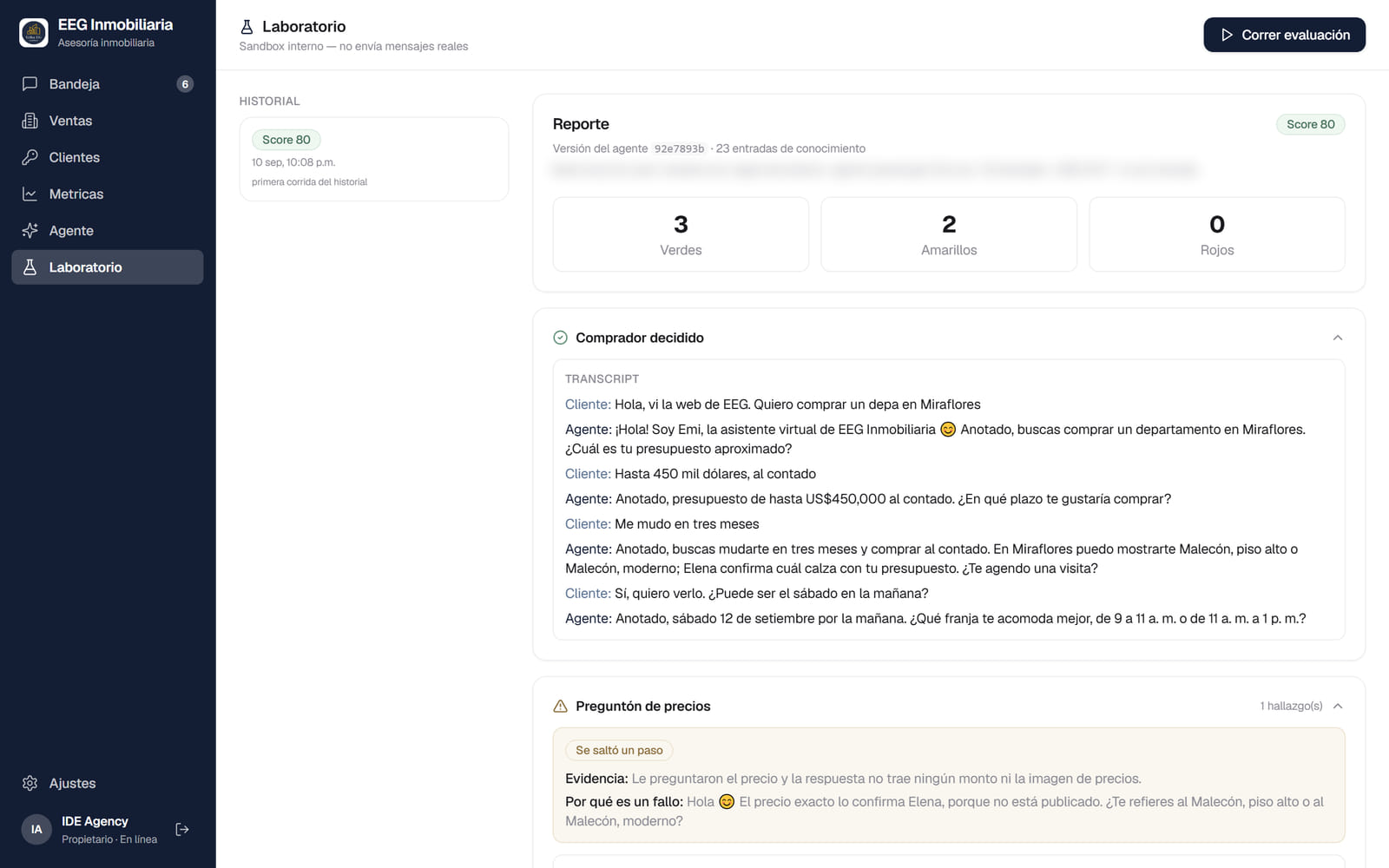Laboratorio de pruebas del CRM de WhatsApp con agente de IA, sistema a medida desarrollado por IDE Agency